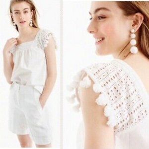 Square Neck Eyelet PomPom Trim Cotton Poplin Top